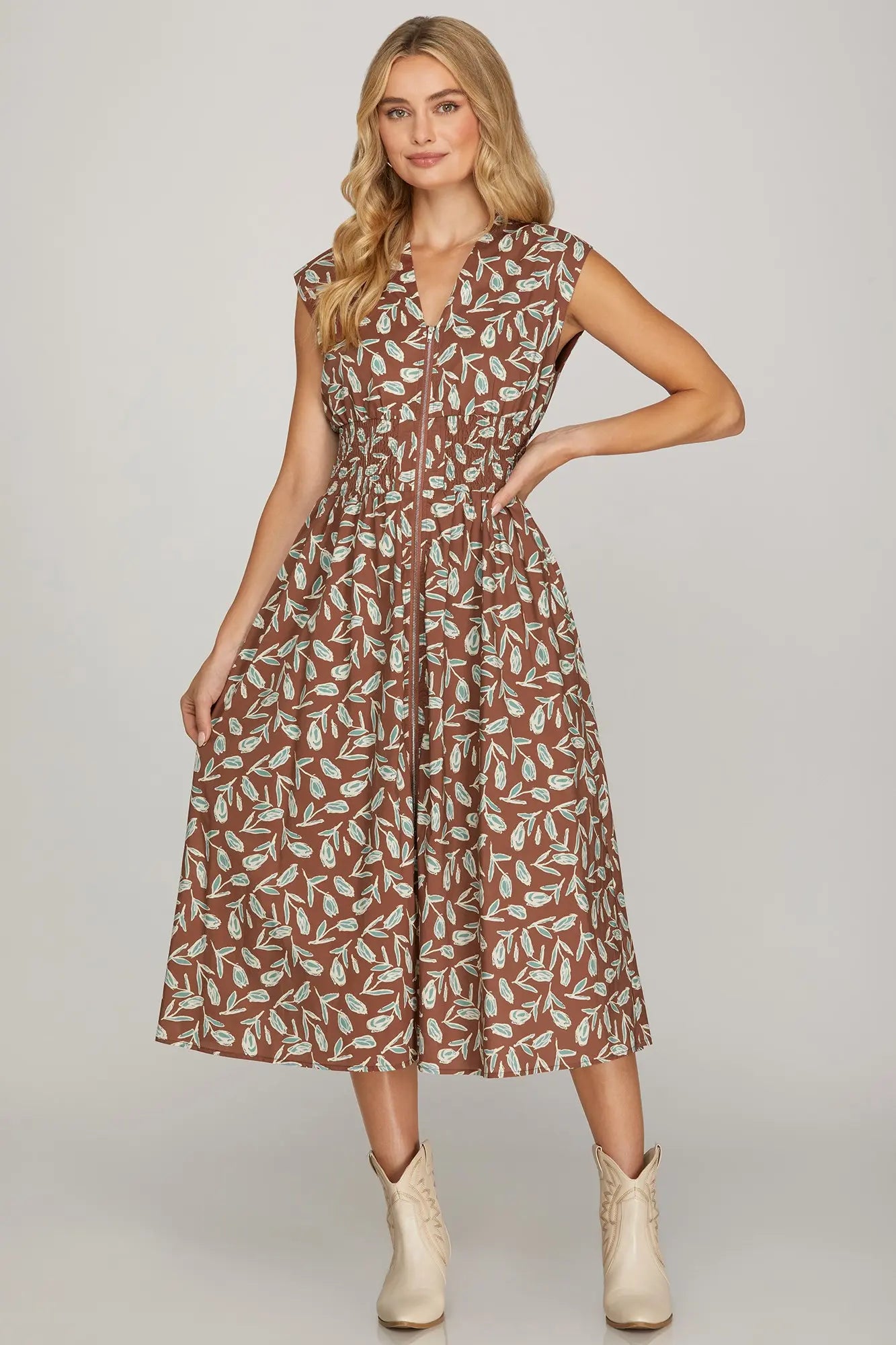 DROP SHOULDER SMOCKED WAIST FRONT ZIP PRINTED MIDI DRESS