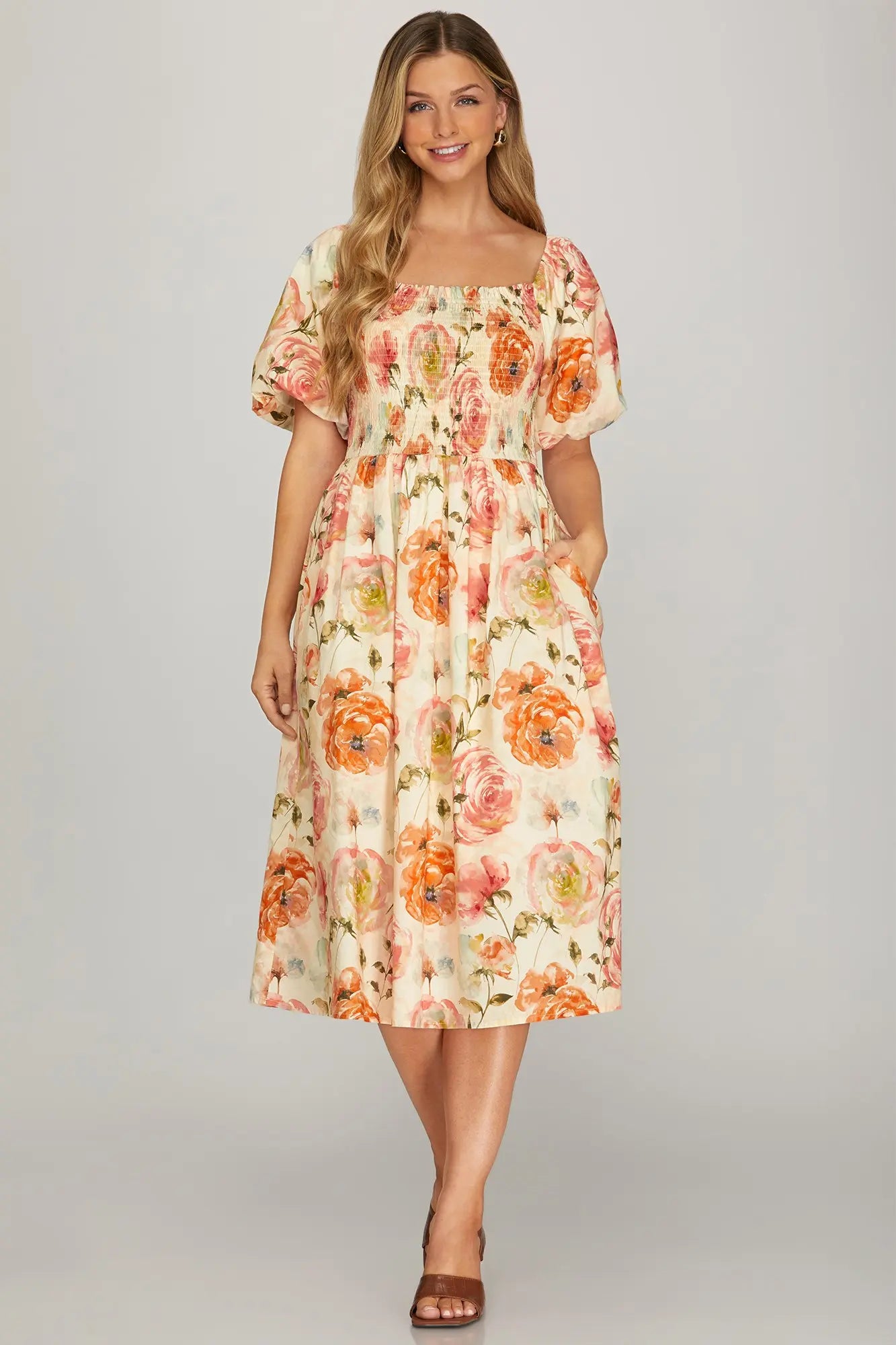 PUFF SLEEVE TOP SMOCKING WOVEN FLORAL