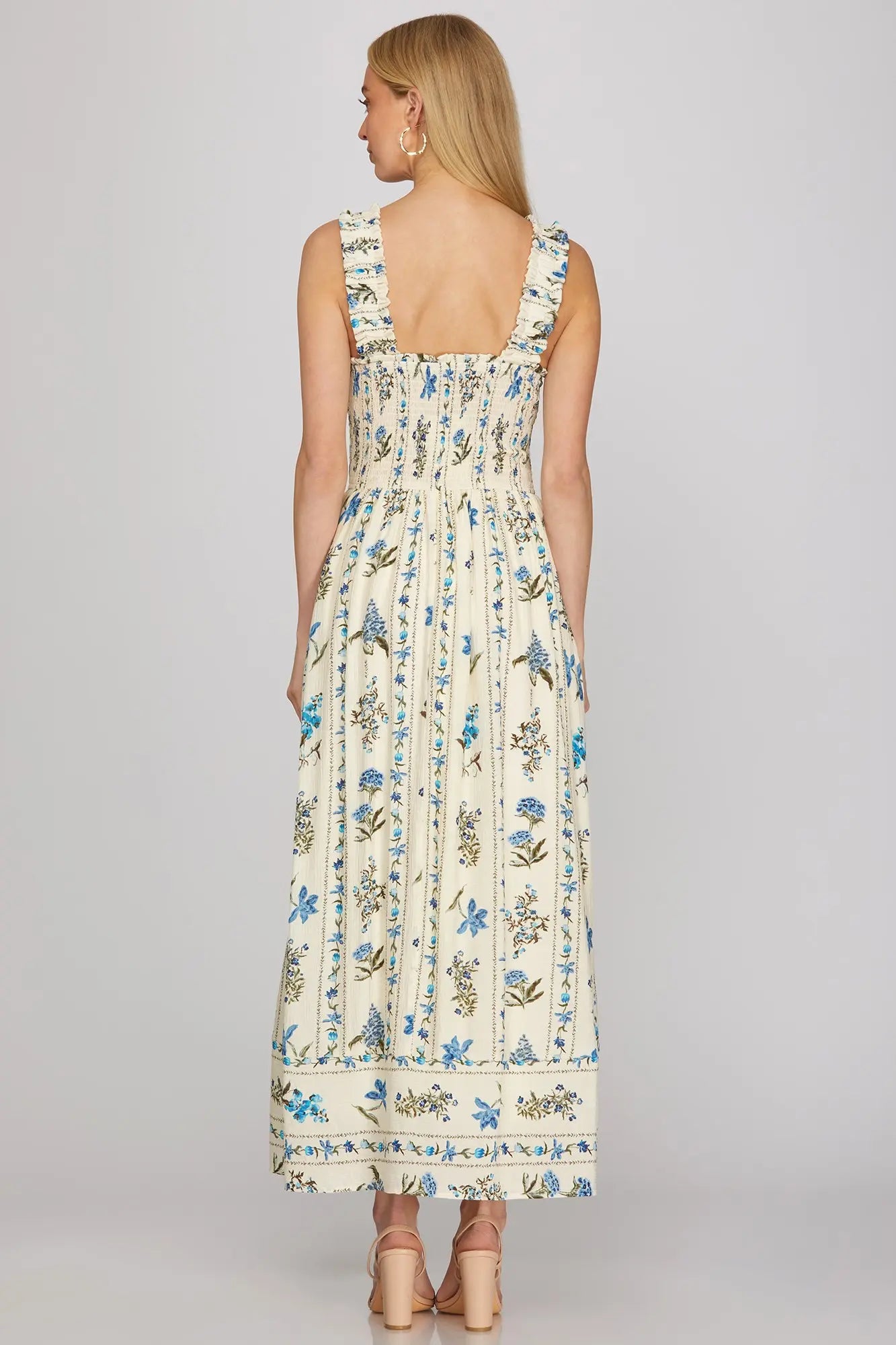 SLEEVELESS WOVEN PRINT SMOCKED MAXI DRESS WITH ELASTIC