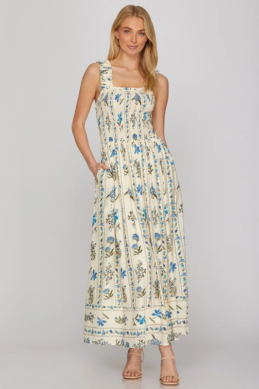 SLEEVELESS WOVEN PRINT SMOCKED MAXI DRESS WITH ELASTIC