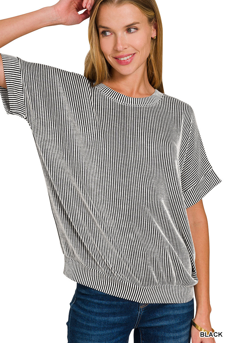 Raised rib cuff sleeve raw edge top short sleeve Corded