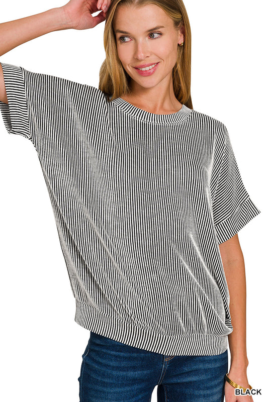 Raised rib cuff sleeve raw edge top short sleeve Corded