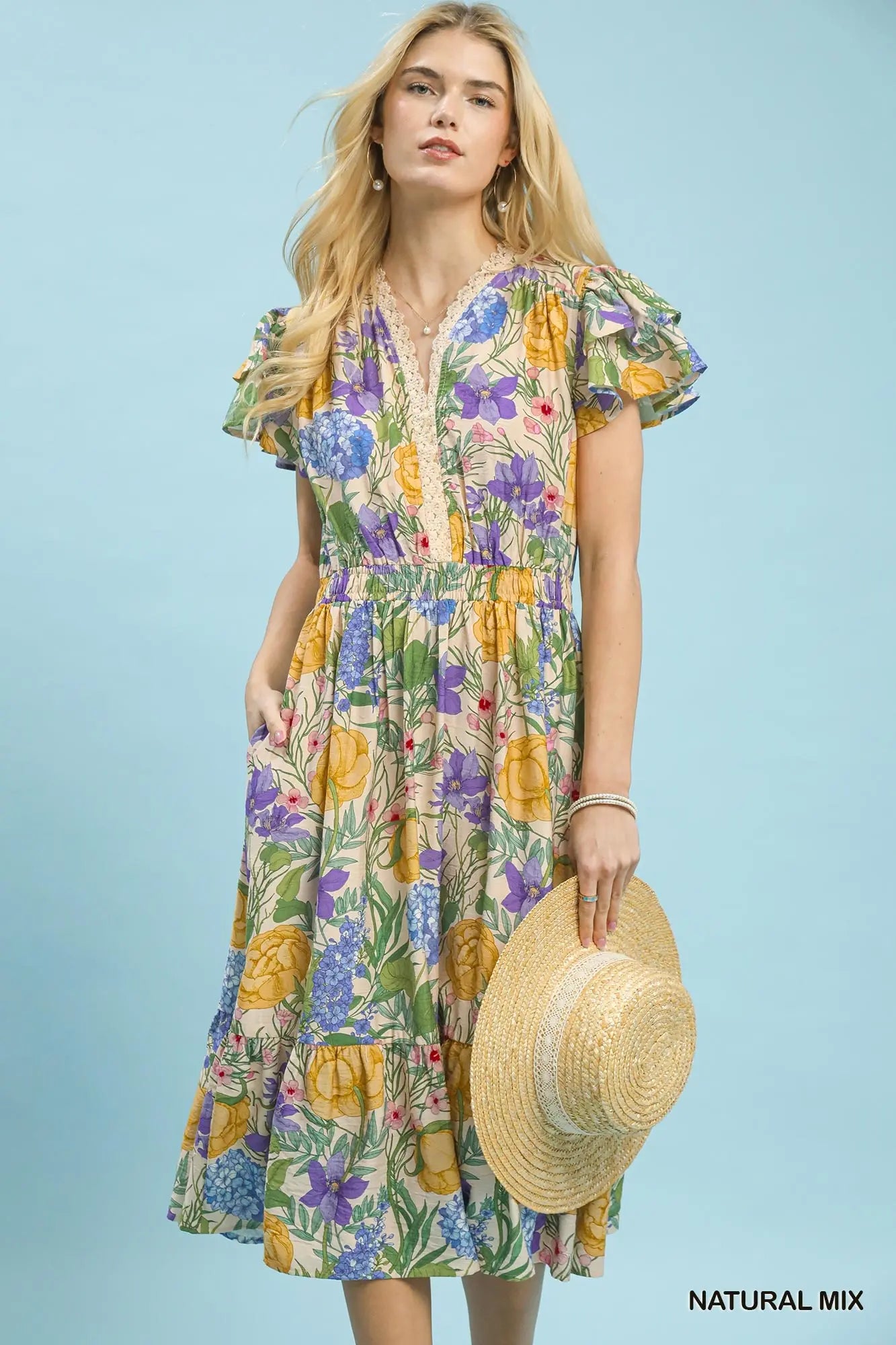 Flutter Sleeve Floral Lace Trim Midi Dress
