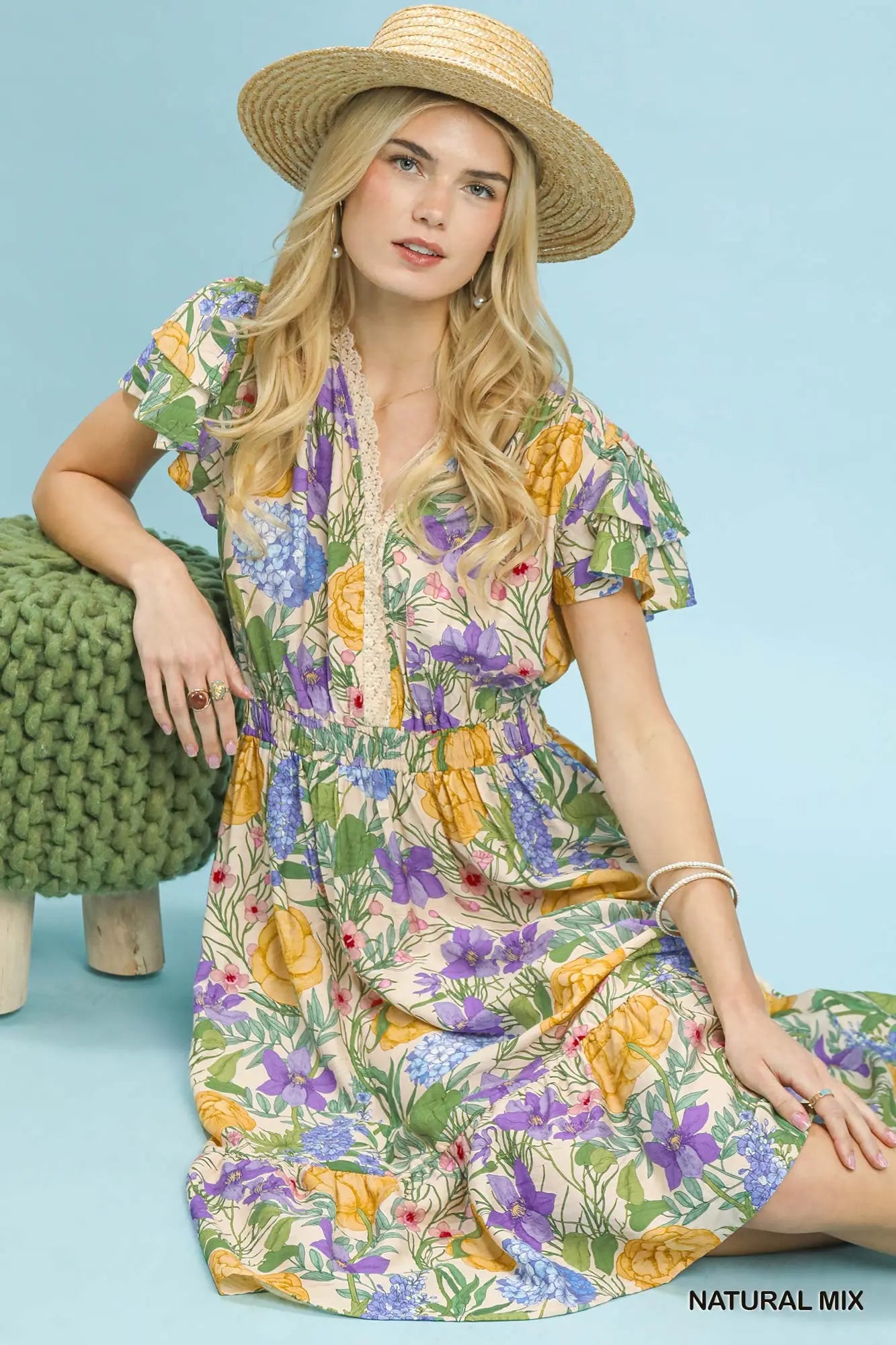 Flutter Sleeve Floral Lace Trim Midi Dress