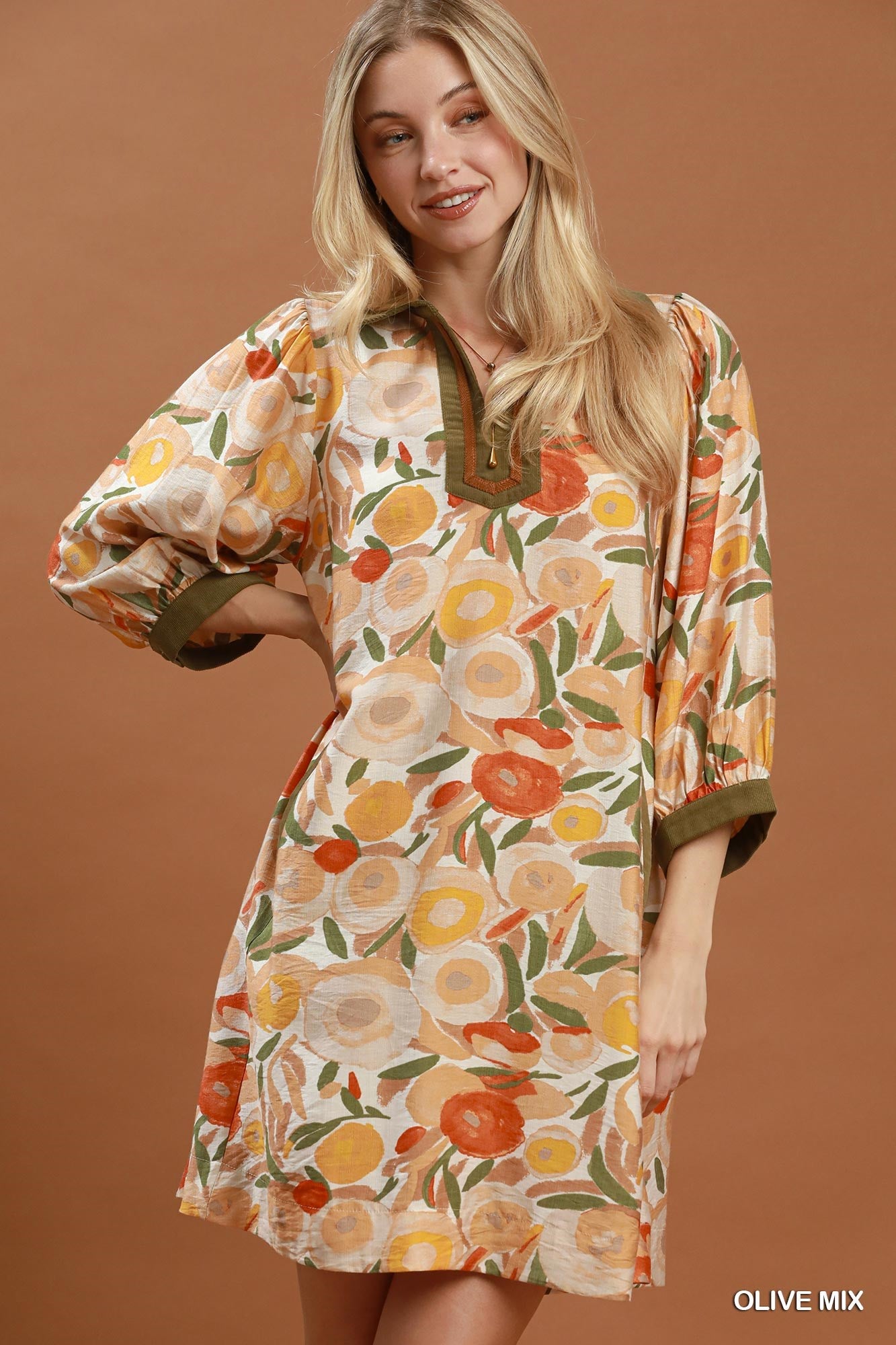 Mix Floral Contrast Trim Shift Mini Dress