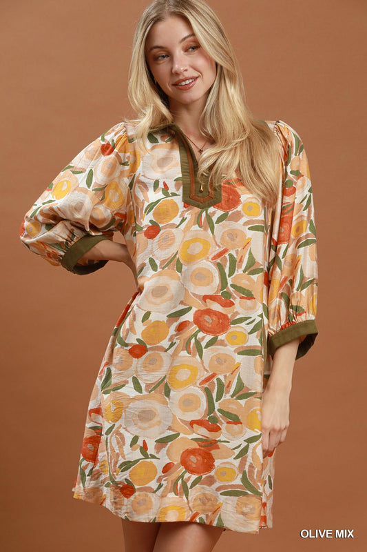 Mix Floral Contrast Trim Shift Mini Dress