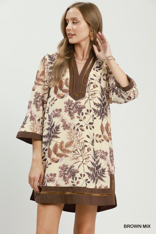Mix Botanical Print Contrast Trim Shift Dress