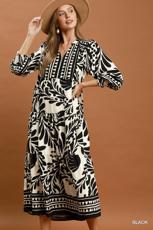 Botanical Print Tiered Midi Dress