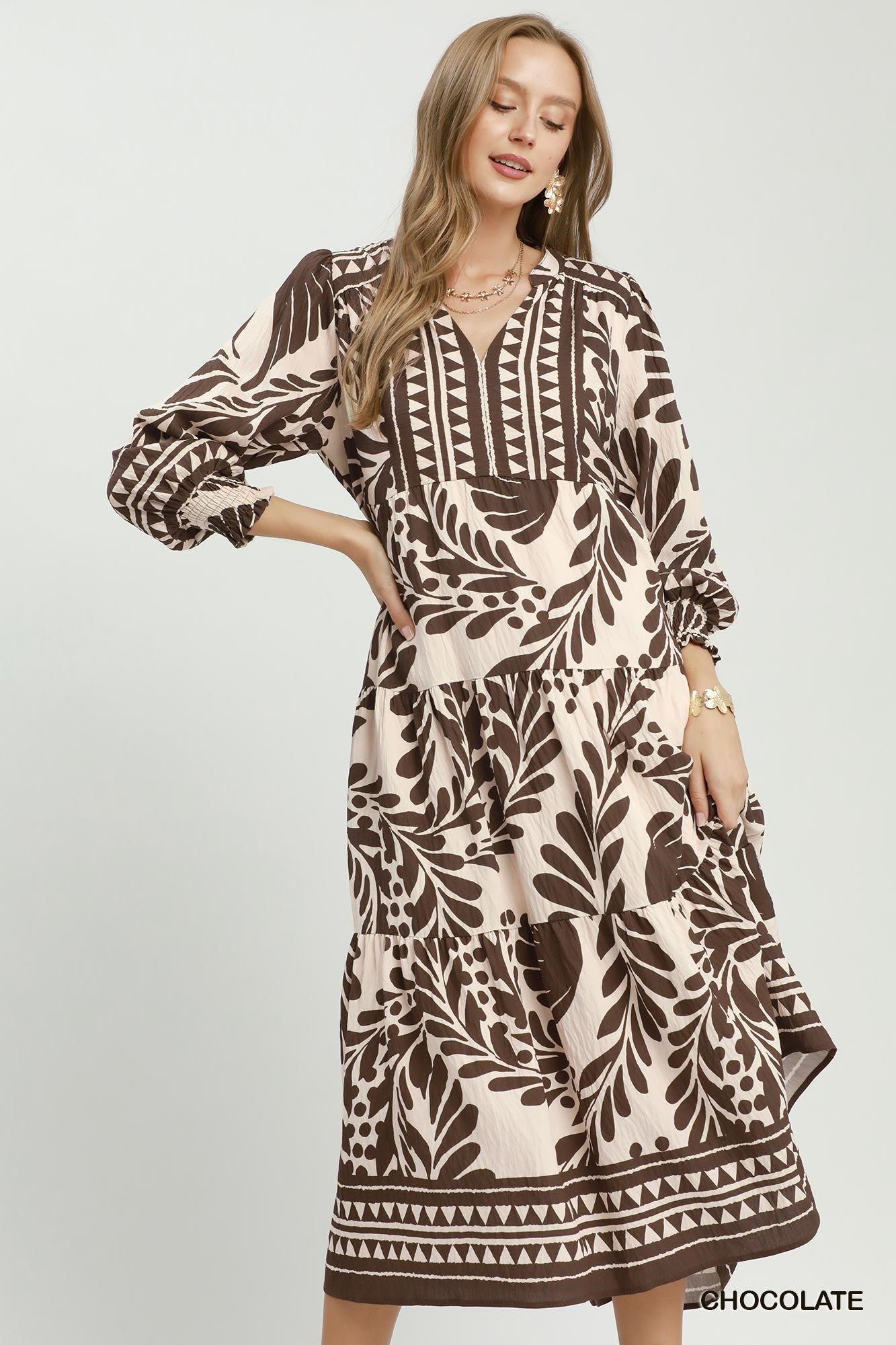 Botanical Print Tiered Midi Dress