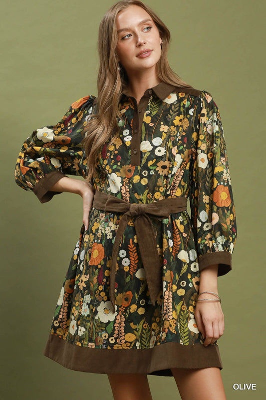 Floral Print Belted Puff Sleeve Mini Dress