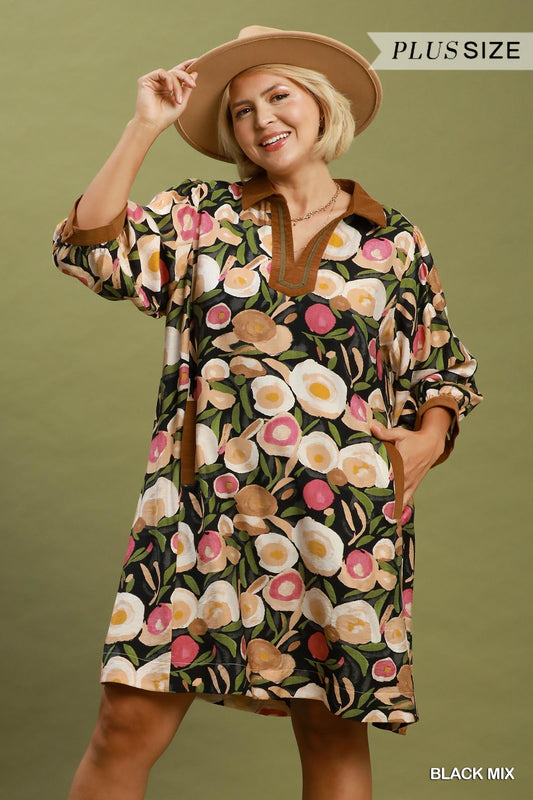Mix Floral Contrast Trim Shift Mini Dress