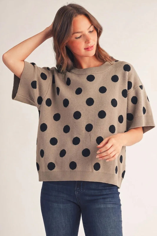 Short sleeves polka dot comfy sweater top