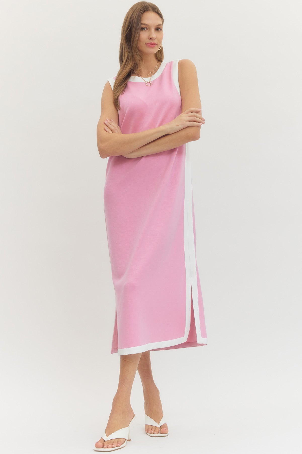 Solid sleeveless midi dress featuring contrast binding along neckline