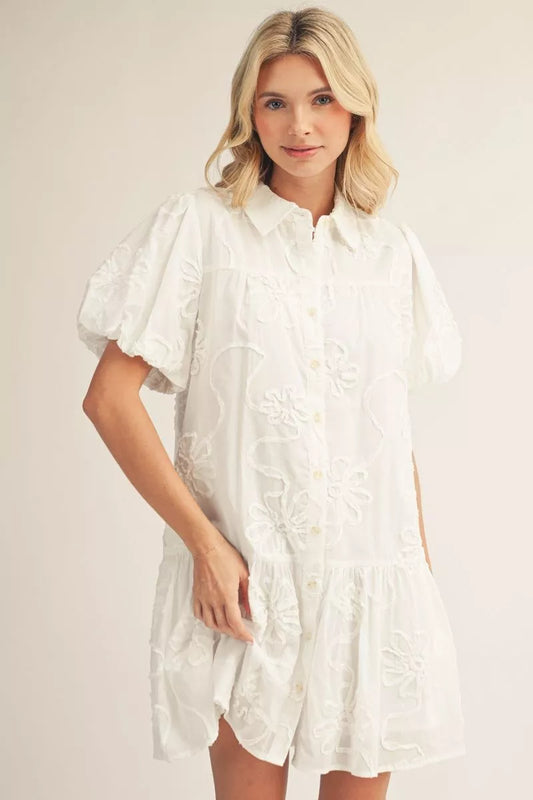 Short puff sleeves 3D floral pattern dress (Copy)