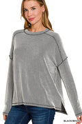 Raised rib raw edge boat neck long sleeve top