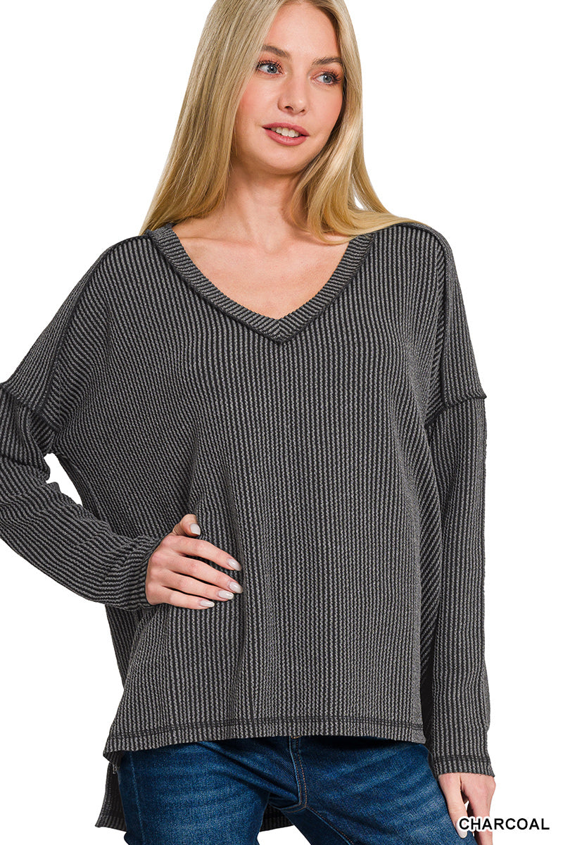 Raised rib long sleeve v neck top  L/XL