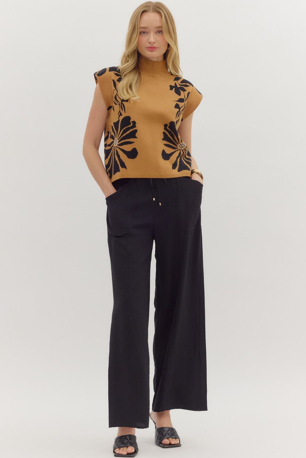 Floral pattern high neck muscle sweater knit pullover top