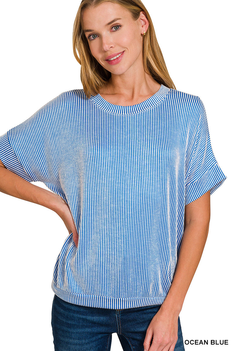 Raised rib cuff sleeve raw edge top short sleeve Corded