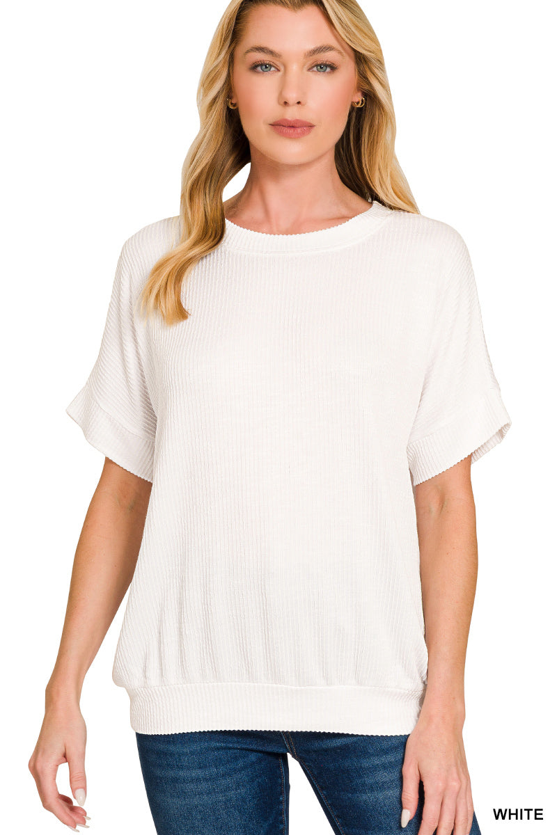 Raised rib cuff sleeve raw edge top short sleeve Corded