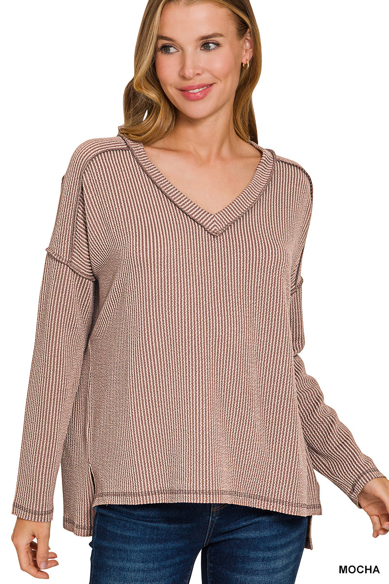 Raised rib long sleeve v neck top  L/XL