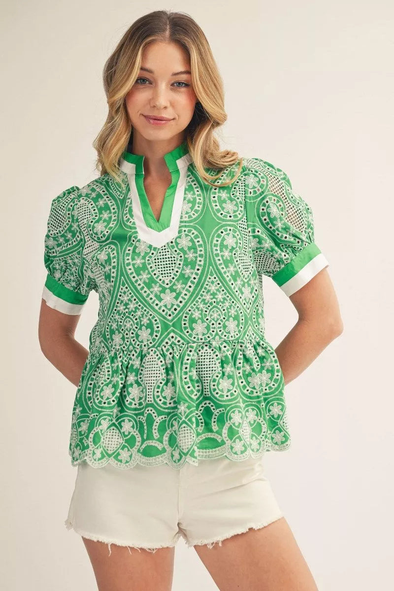 Short sleeves standing neck eyelet peplum top