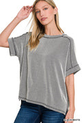 Raised rib cuff sleeve raw edge top short sleeve Corded