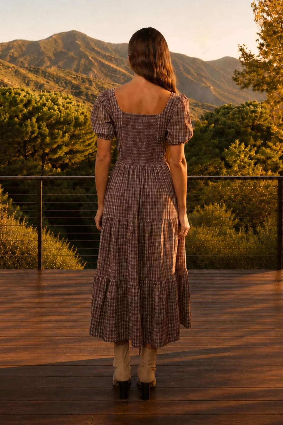 PLAID PUFF SLEEVE CORSET DETAIL TIERED MIDI DRESS