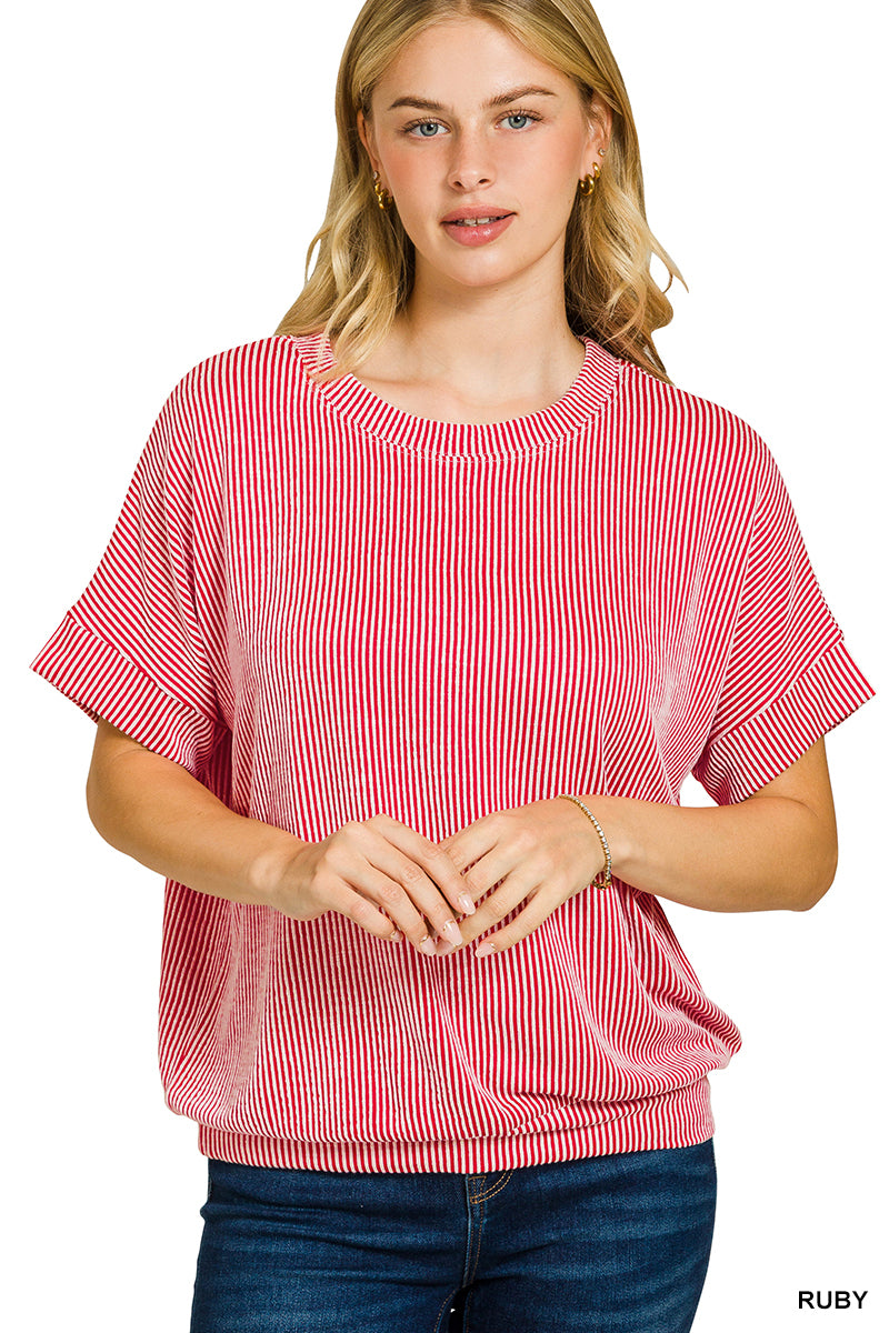 Raised rib cuff sleeve raw edge top short sleeve Corded