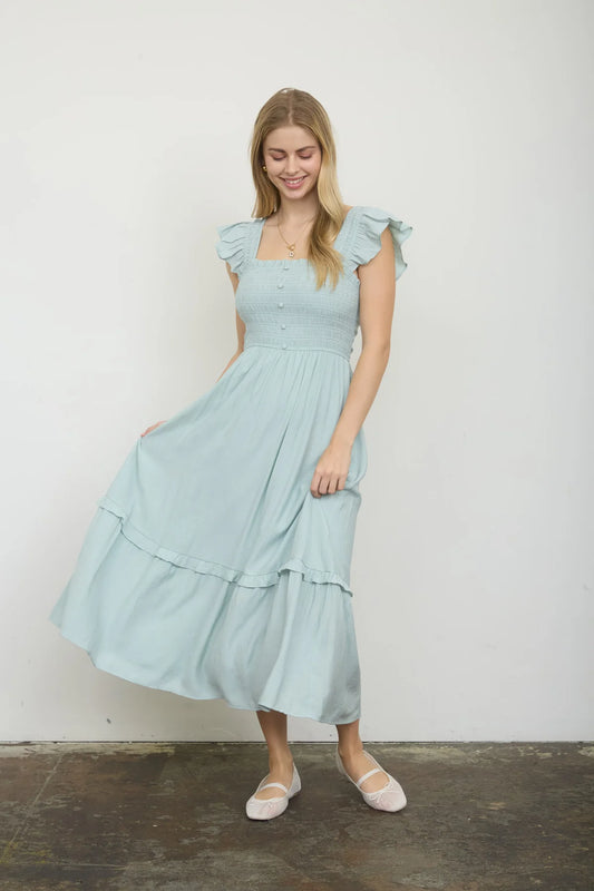 Mock button down smocked mididress L