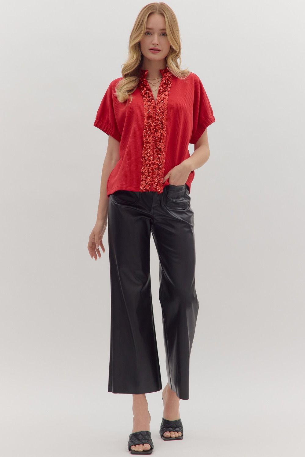 Sequined trim short sleeve top