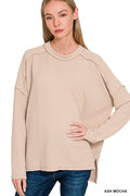 Raised rib raw edge boat neck long sleeve top