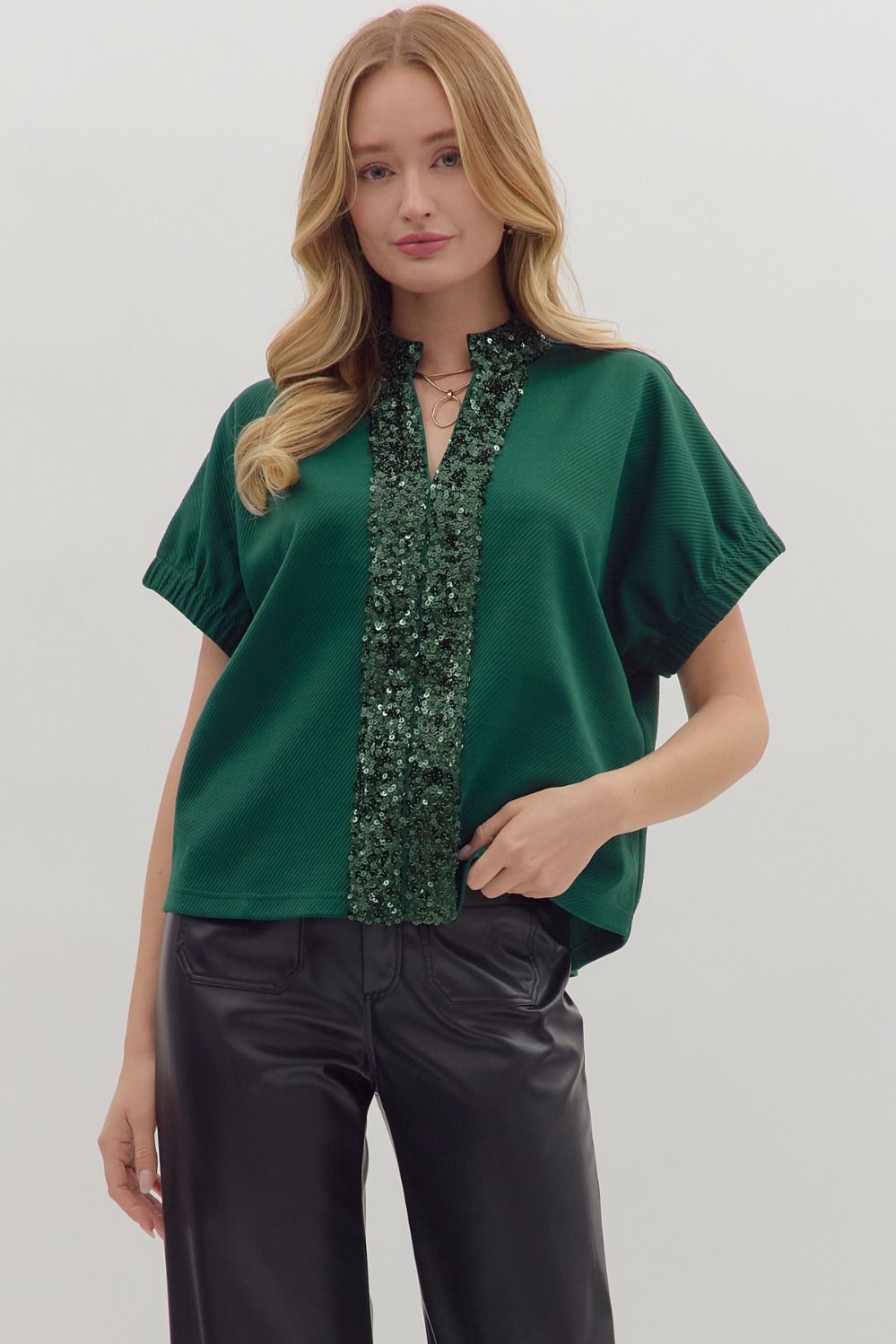 Sequined trim short sleeve top