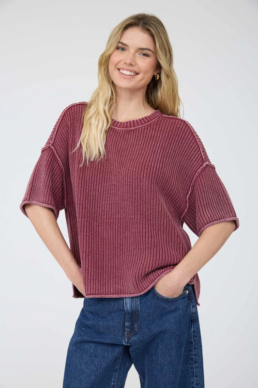 WASHED CREW NECK RAW EDGE SHORT SLEEVE SWEATER