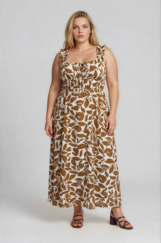 PLUS LEAF PRINT RUFFLE STRAP SHIRRED WAIST MIDI DRESS