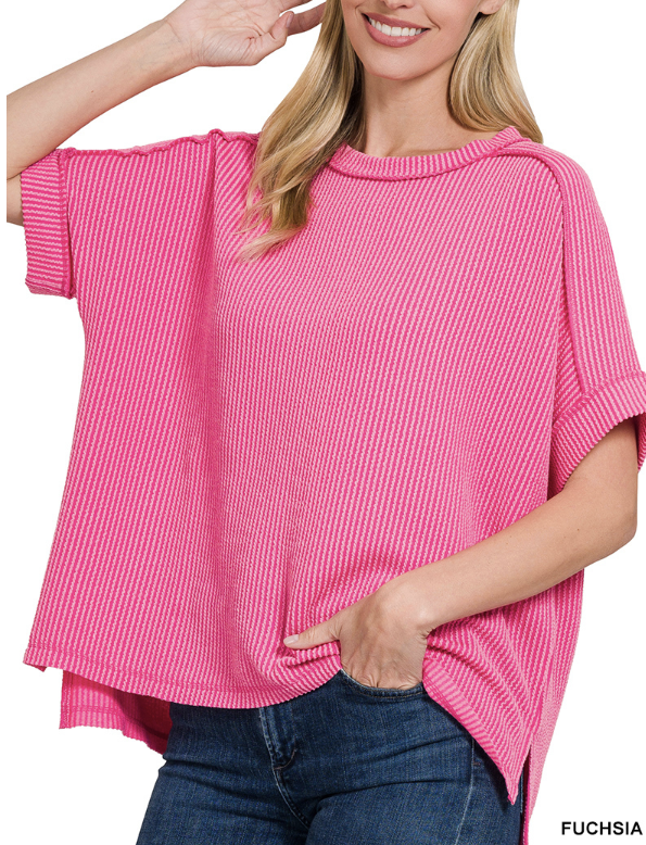 Raised rib cuff sleeve raw edge top short sleeve