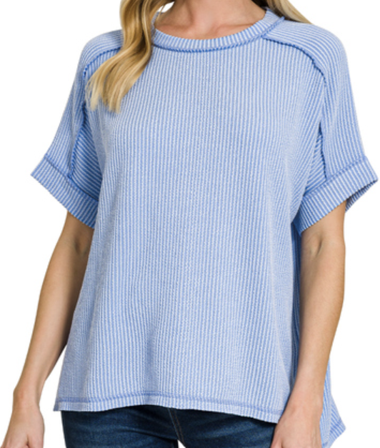 Raised rib cuff sleeve raw edge top short sleeve