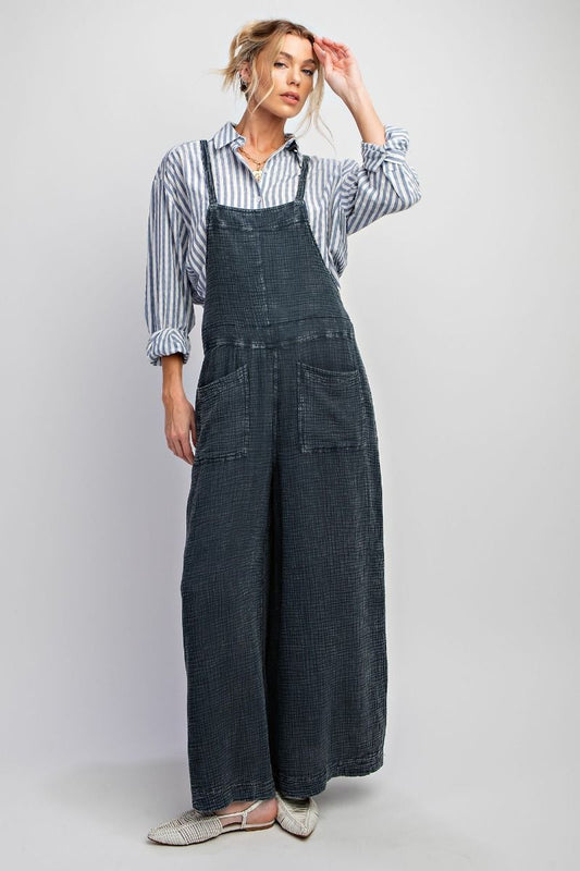 PLUS SIZE-WASHED COTTON JUMPSUIT/OVERALLS