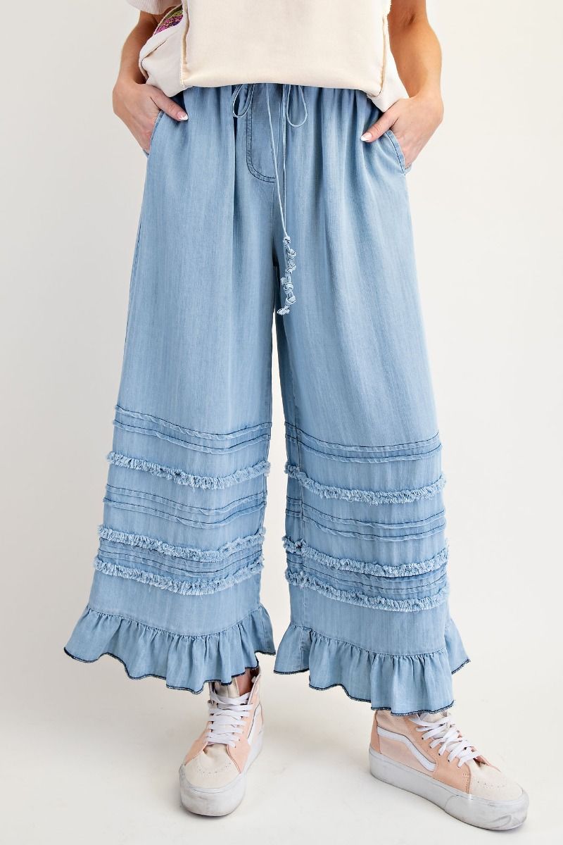 SELF FRAY WASHED CHAMBRAY PANTS