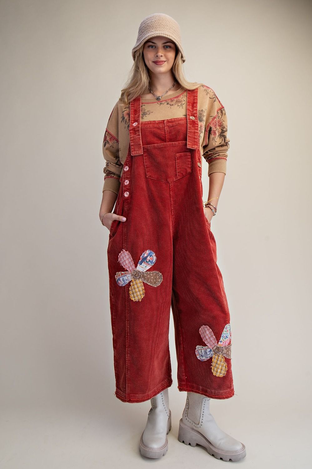 FLOWER PATCH WASHED CORDUROY DENIM OVERALLS