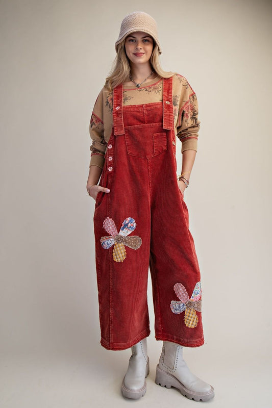 FLOWER PATCH WASHED CORDUROY DENIM OVERALLS