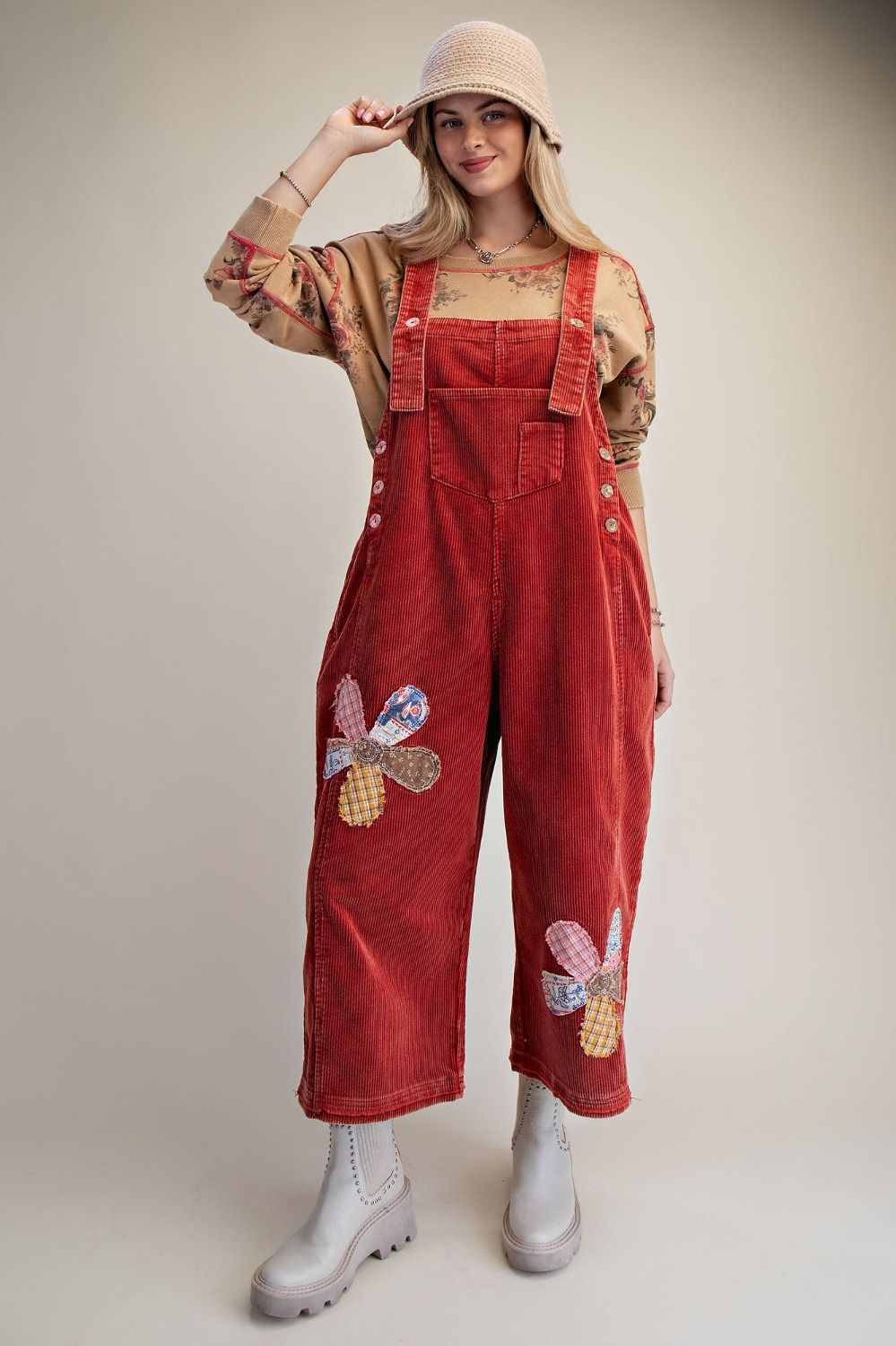 FLOWER PATCH WASHED CORDUROY DENIM OVERALLS