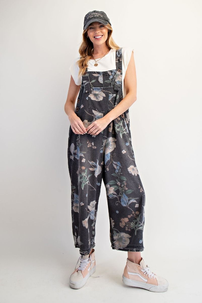 FLOWER PRINTED WASHED DENIM OVERALLS Denim