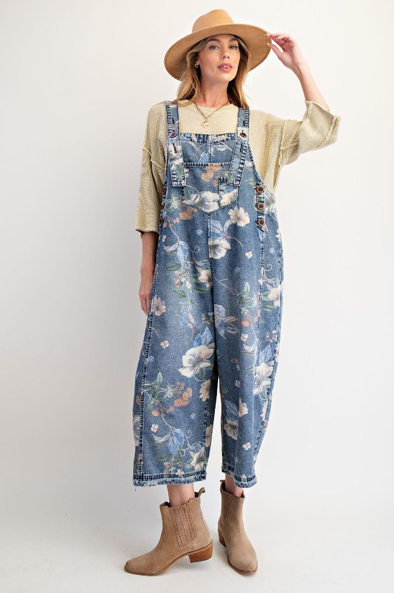 FLOWER PRINTED WASHED DENIM OVERALLS Denim
