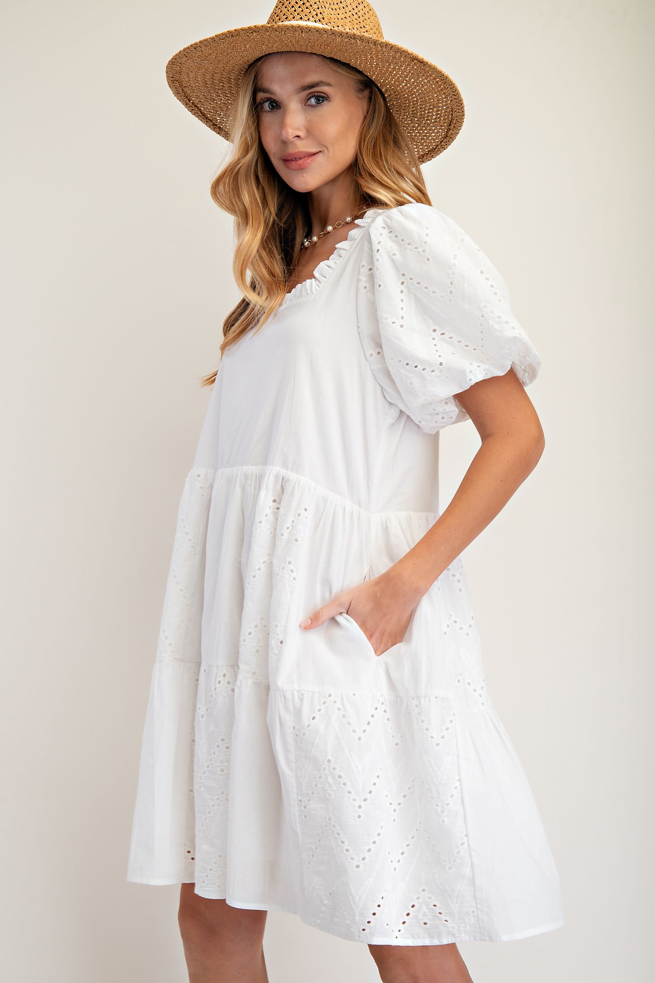 Bubble Sleeve White Dress