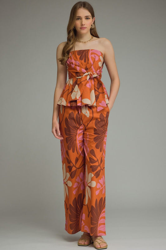 Floral print wide leg pants featuring elasticated waistband with drawstring
