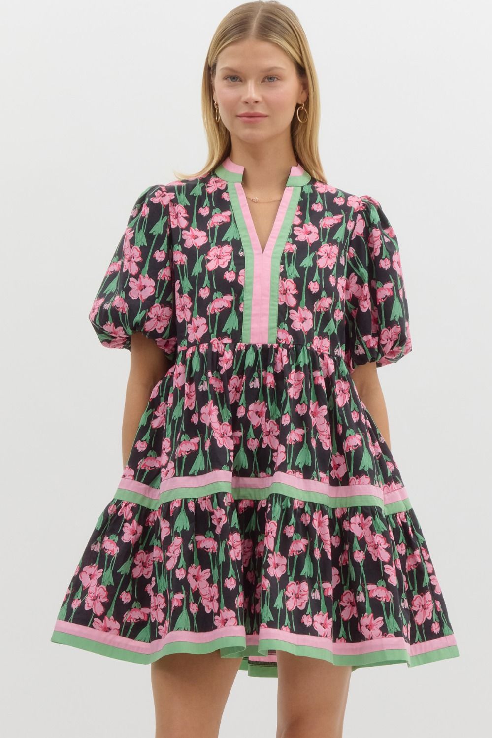 Floral print short bubble sleeve