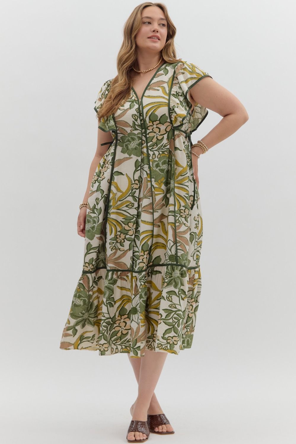 Botanical print flutter sleeve ruffle hem midi dress