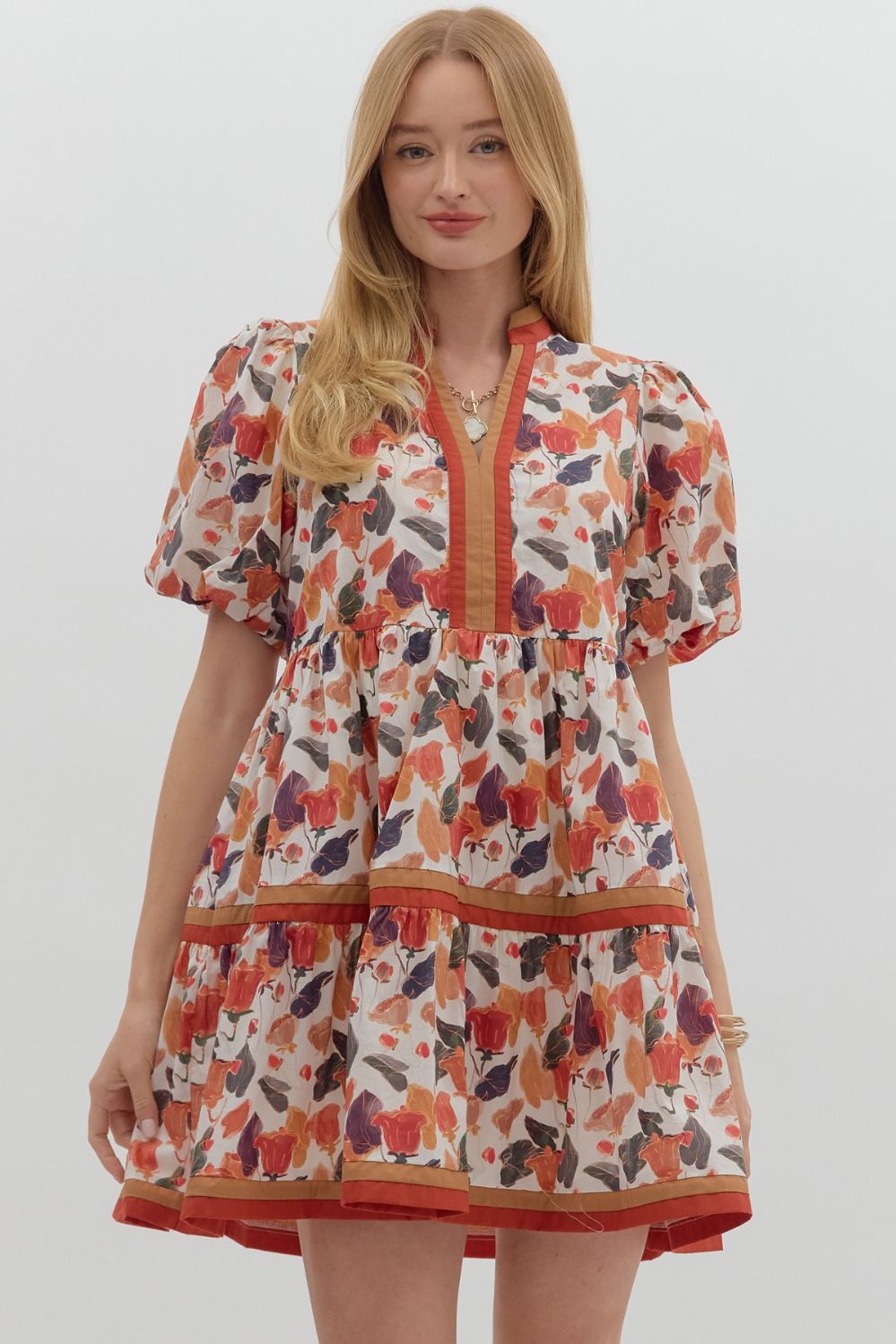 Multicolor floral print short bubble sleeve pullover