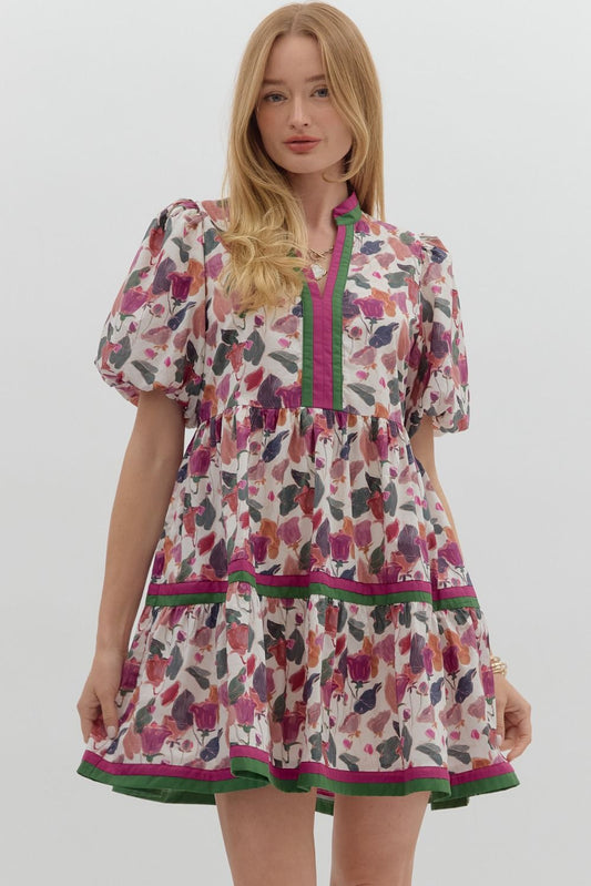 Multicolor floral print short bubble sleeve pullover