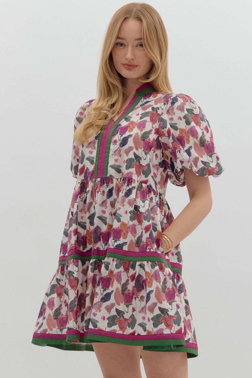 Multicolor floral print short bubble sleeve pullover